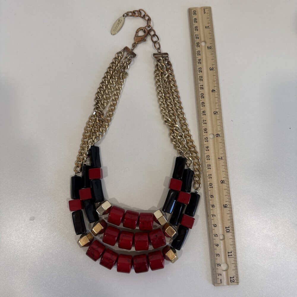 CHICO'S Red Multi-Strand Statement Beaded Necklace Chunky Gold OS CMFF